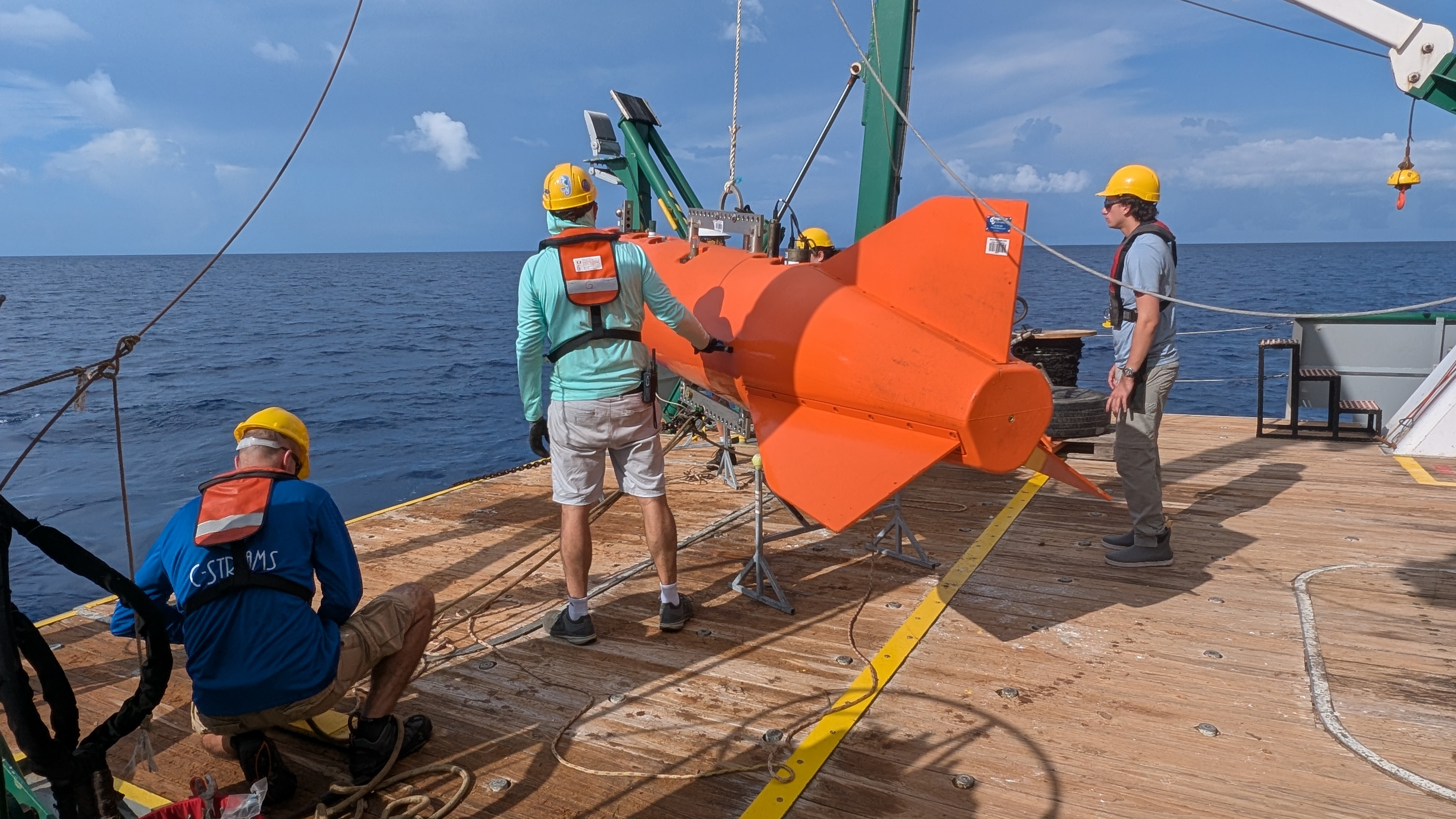 Recovery of top of mooring buoyancy in July 2024 in Florida Straits. Photo credit: Pete Brown